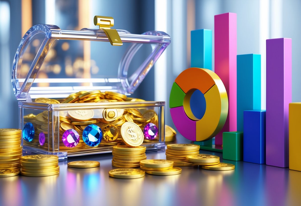 A 3D scene showing a treasure chest filled with gold coins and gems, surrounded by stacks of coins and cash, alongside colourful pie charts and bar graphs representing prize distribution.