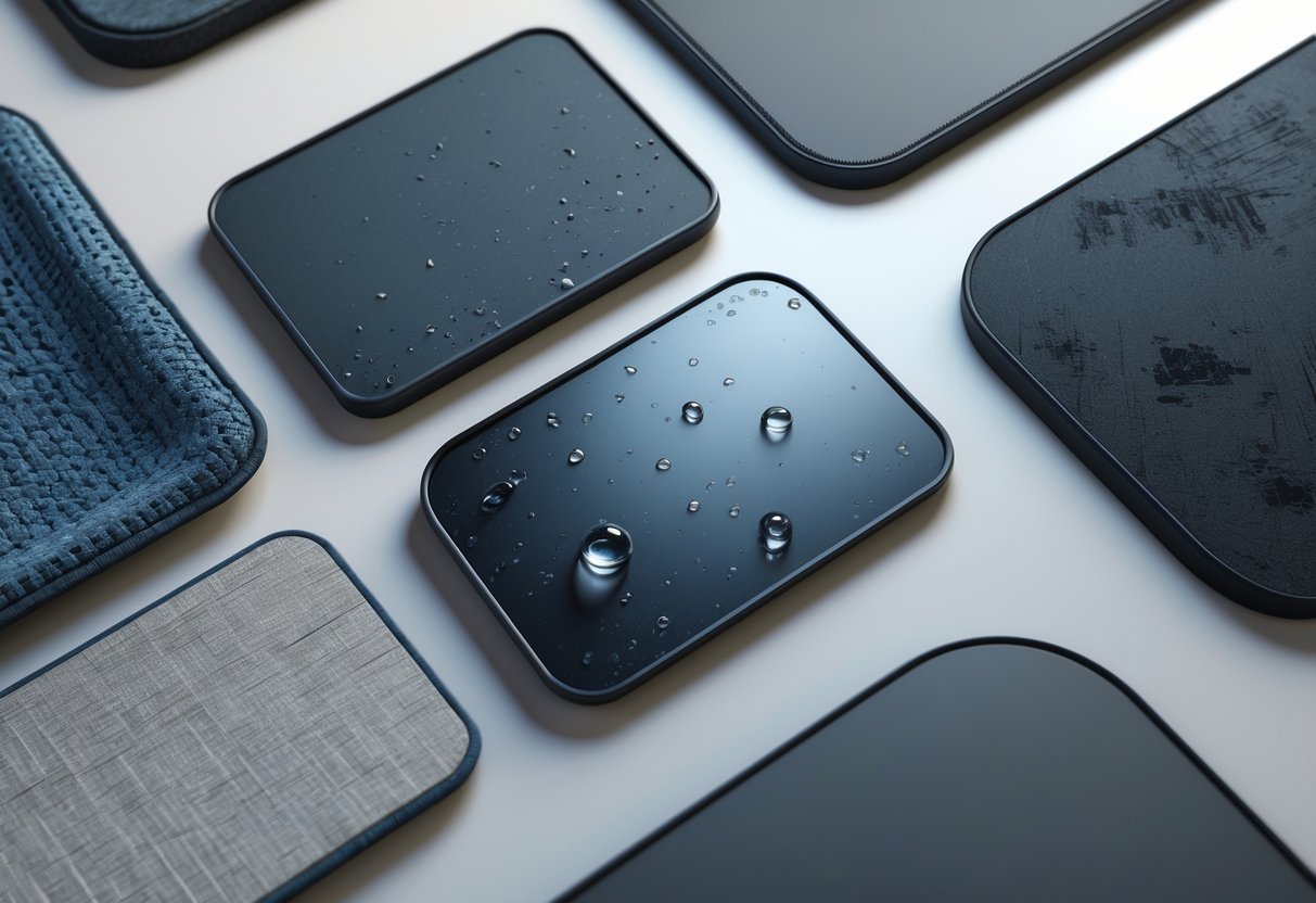 Close-up view of several mousepad surfaces showing different textures and materials, highlighting their durability and long-lasting quality.