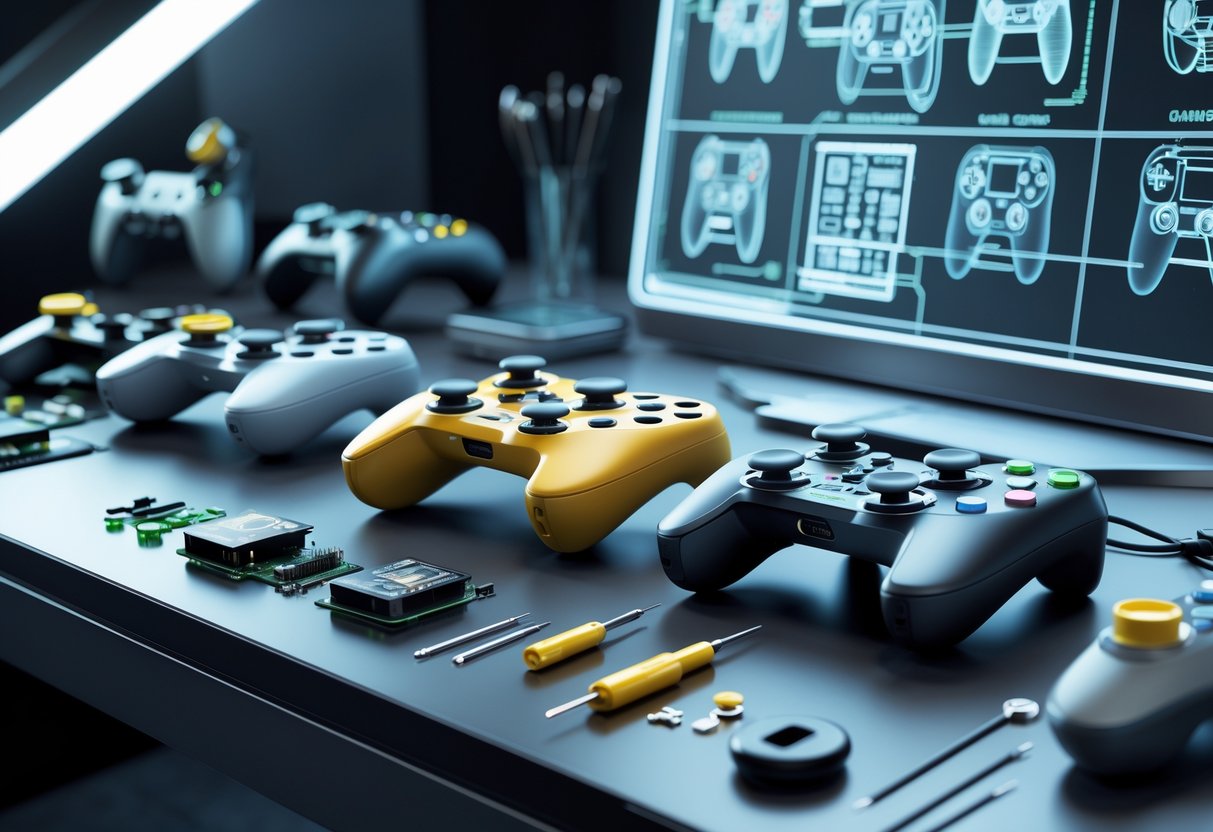 A workspace with gaming controllers being modified, showing tools, disassembled parts, and a holographic display with controller schematics.