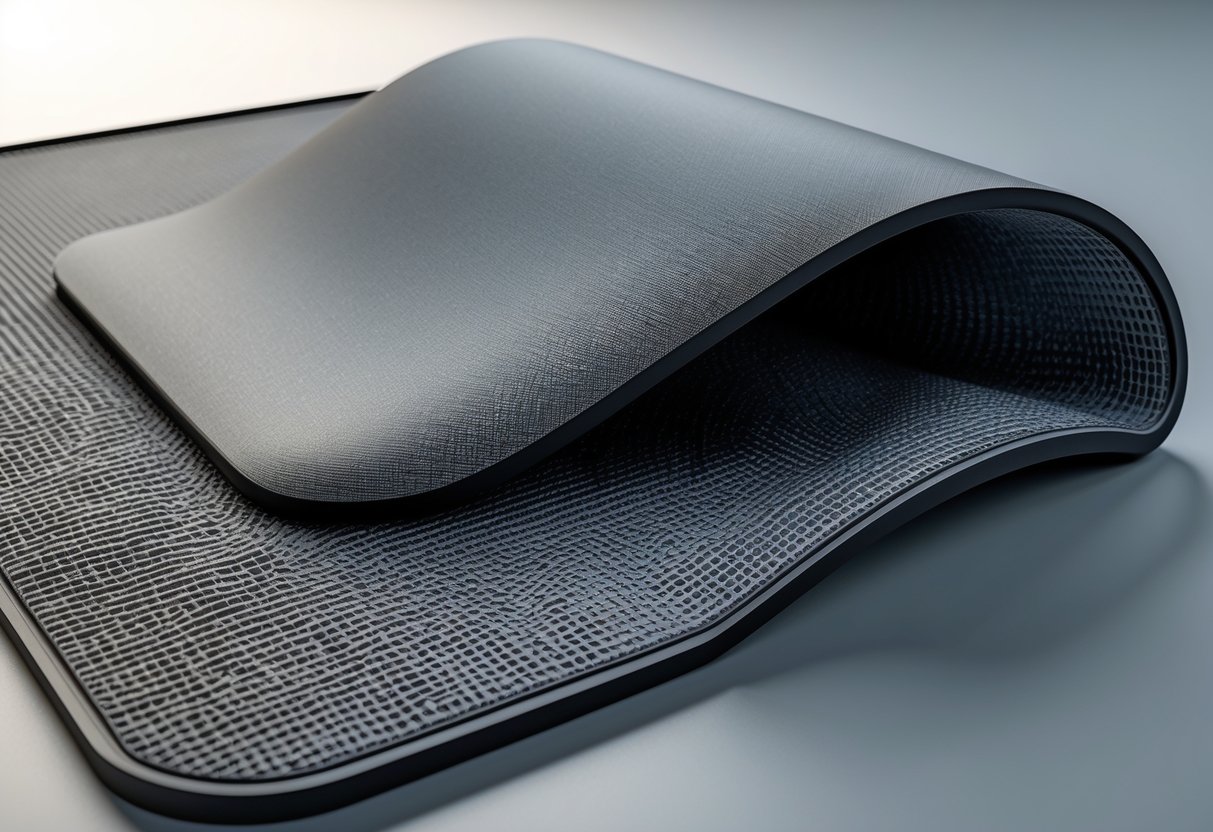 A 3D rendered mousepad with a textured surface and curved edges designed for wrist support, showing a non-slip base underneath.