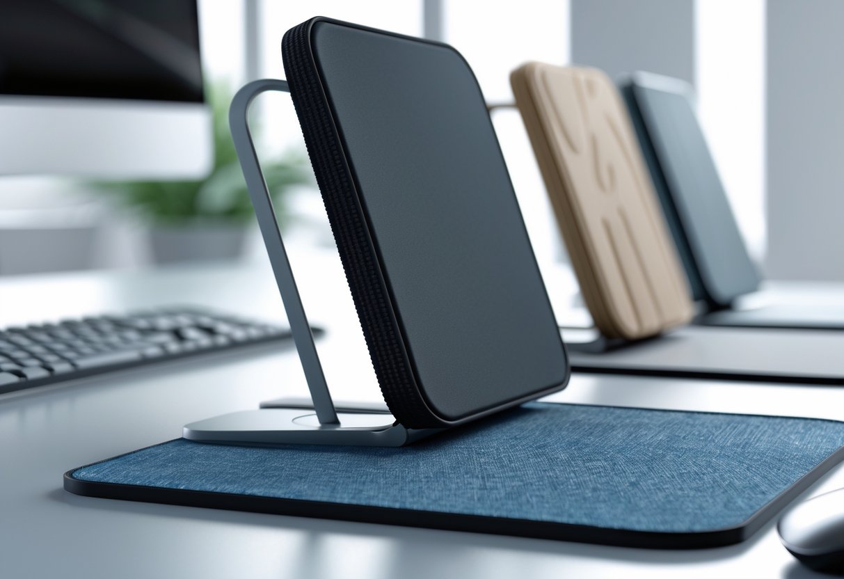 Several different mousepads with various surface textures displayed on a desk next to a computer keyboard and mouse.