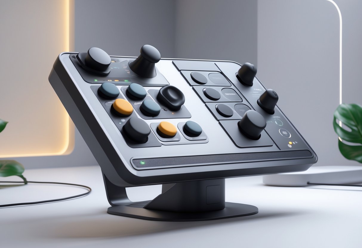 A 3D rendered image of an accessibility controller with large tactile buttons, braille labels, and ergonomic design on an adjustable stand.