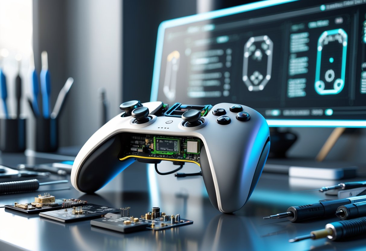 A gaming controller with its outer shell removed showing internal components on a workbench with tools and a holographic display projecting technical schematics.