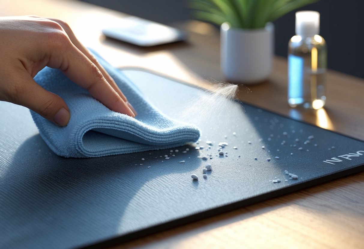 Close-up of a mousepad surface being cleaned with a cloth on a wooden desk.