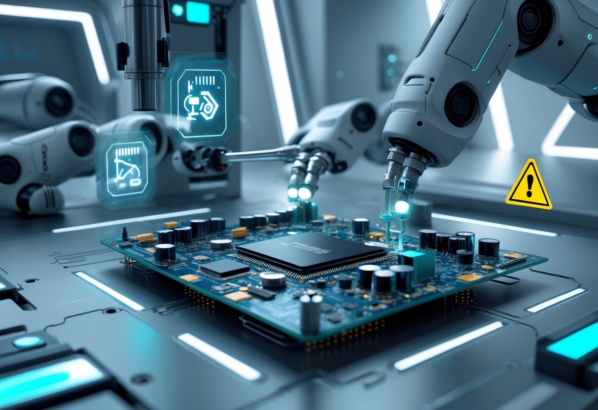 Close-up of a futuristic electronic controller circuit board being modified with robotic arms and tools, surrounded by warning symbols in a high-tech laboratory.