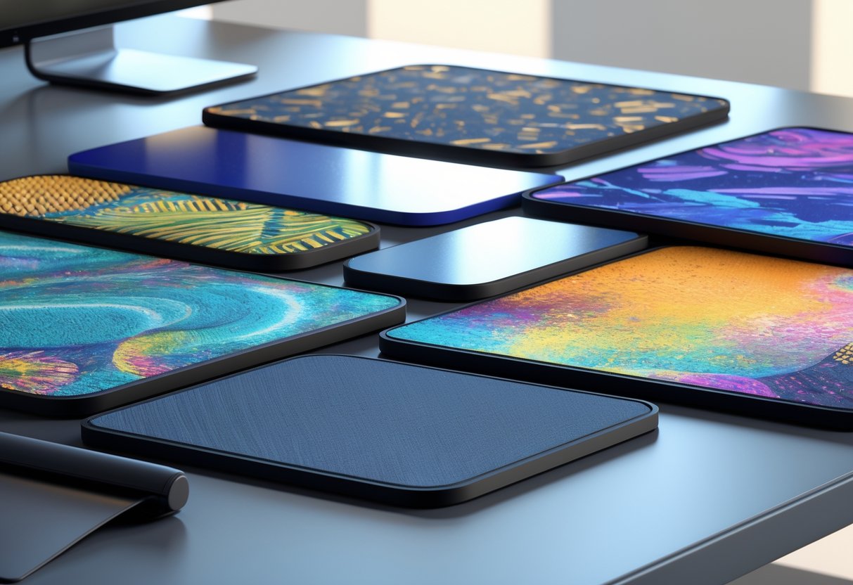 A collection of different mousepads with various textures and colourful designs displayed on a desk.