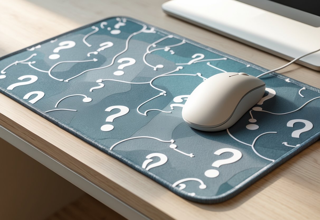 A 3D rendered mousepad with a smooth surface featuring abstract question mark and lightbulb patterns on a wooden desk.