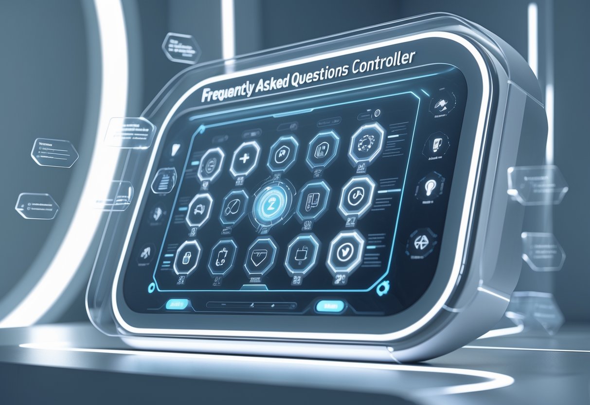 A futuristic control panel with a transparent touchscreen surrounded by holographic data streams and floating geometric shapes in a modern workspace.