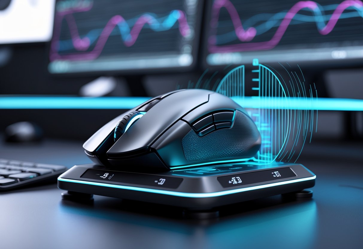 A gaming mouse on a balance scale with small weights on one side and glowing waveforms representing sensitivity on the other, set on a desk with gaming equipment in the background.
