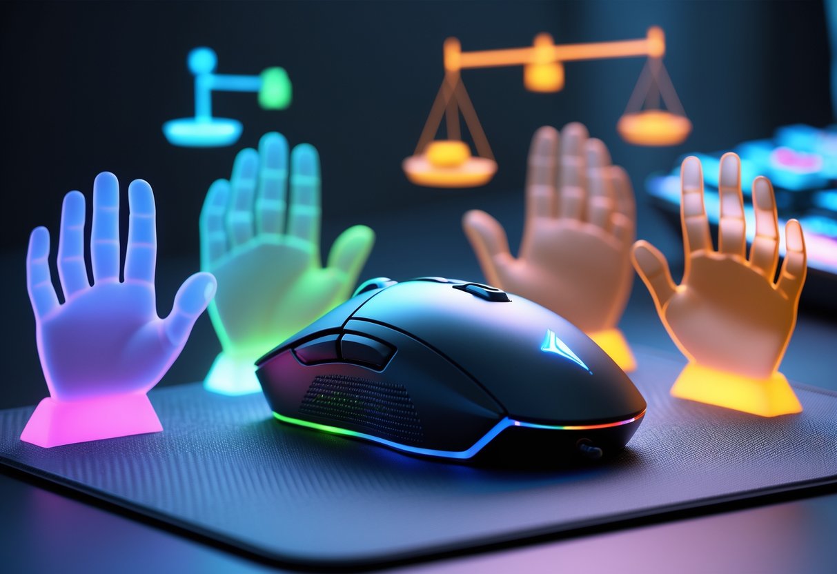 A gaming mouse on a desk with three different hand positions around it, each showing a different way to hold the mouse, alongside floating weights representing different mouse weight preferences.
