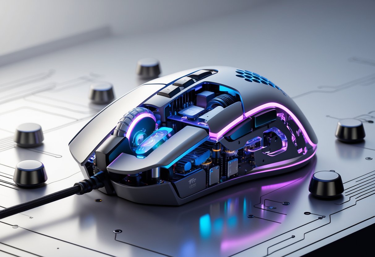 A 3D rendered gaming mouse with a transparent shell showing its internal sensor and small weights around it, set against a high-tech background.