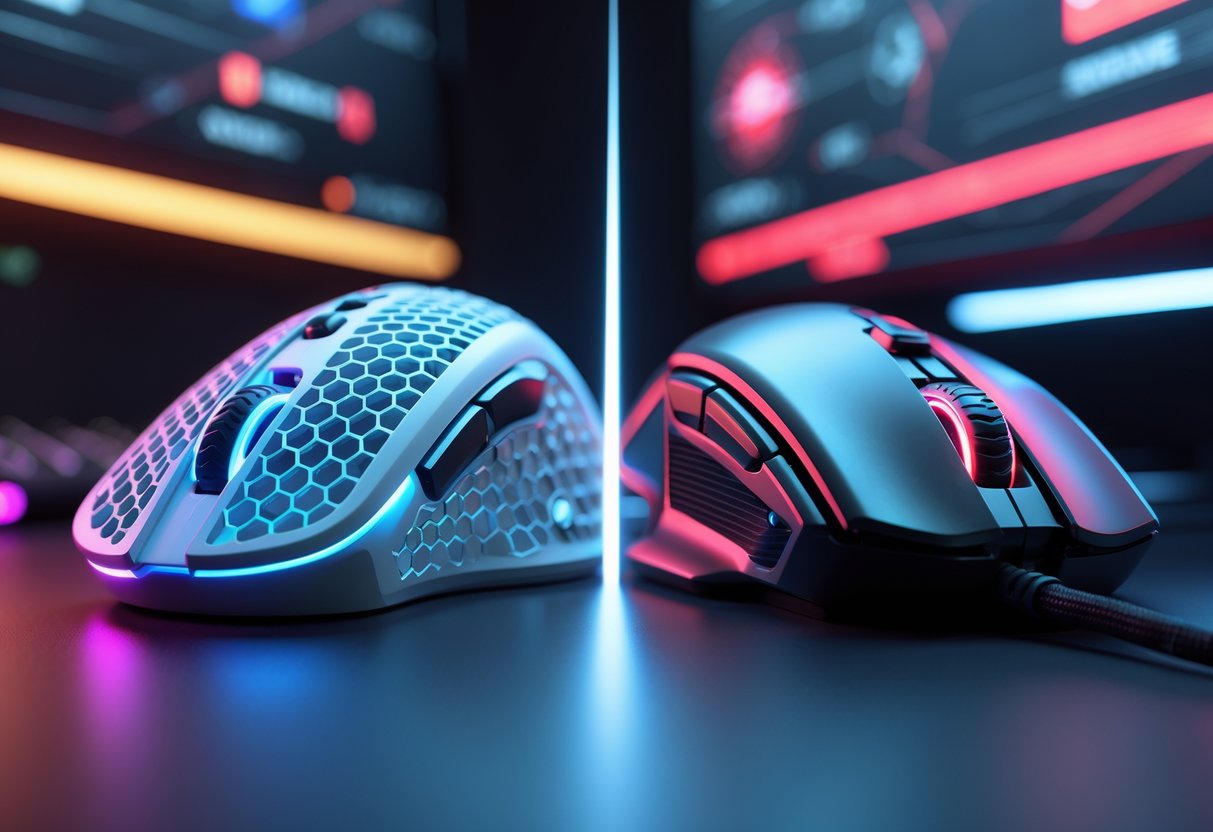Two different gaming mice on a desk, one lightweight and one heavier, with a balanced scale between them and a blurred gaming background showing elements from various game genres.
