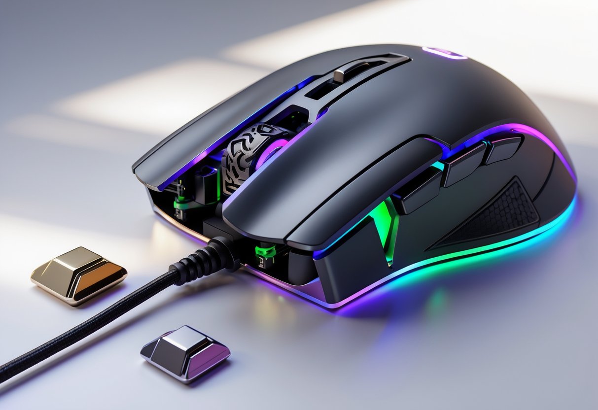 A gaming mouse with removable weights and modular parts displayed beside it on a plain background.
