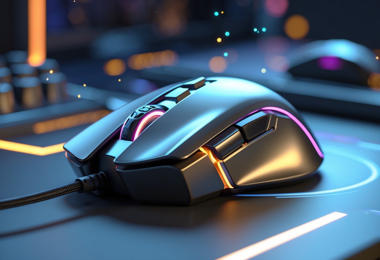 A gaming mouse shown changing its internal weights on a dark gaming desk with colourful lights in the background.
