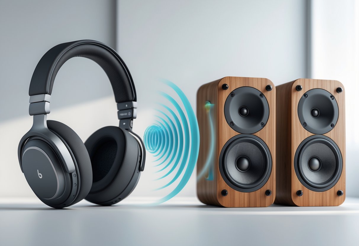 A 3D rendered image showing a modern headset on the left and a pair of bookshelf speakers on the right, with sound waves illustrating their different ways of delivering audio.
