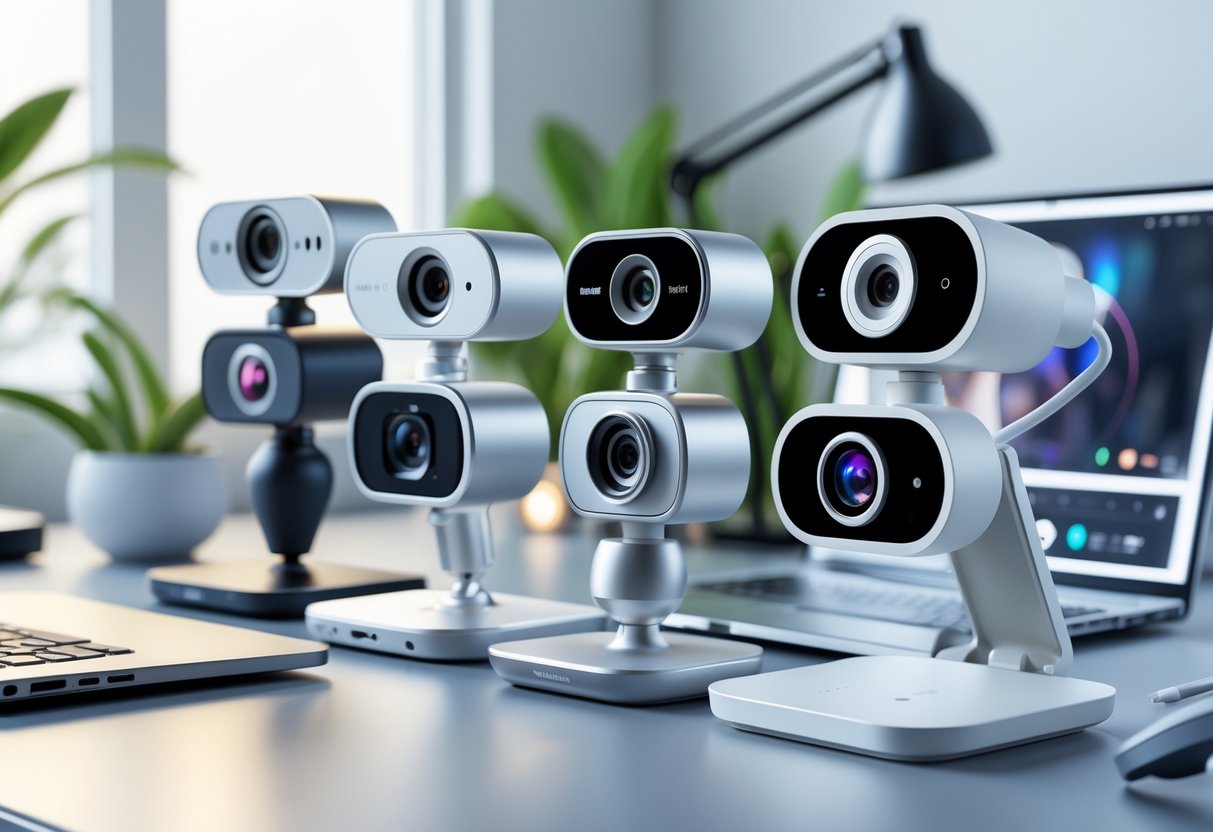 A desk with several different webcams arranged next to a laptop in a bright home office setting.