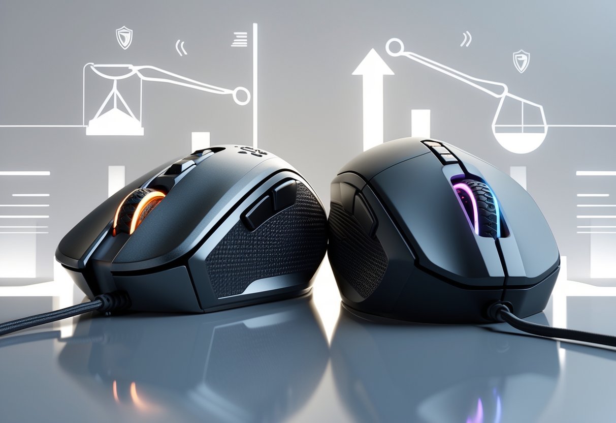 Two gaming mice side by side on a reflective surface, one solid and heavy-looking, the other lightweight with a honeycomb shell, with faint icons representing durability and weight floating nearby.
