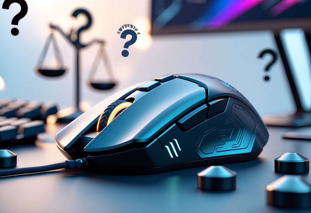 A gaming mouse with removable weights on a desk, surrounded by question marks and weighing scales, in a gaming setup.