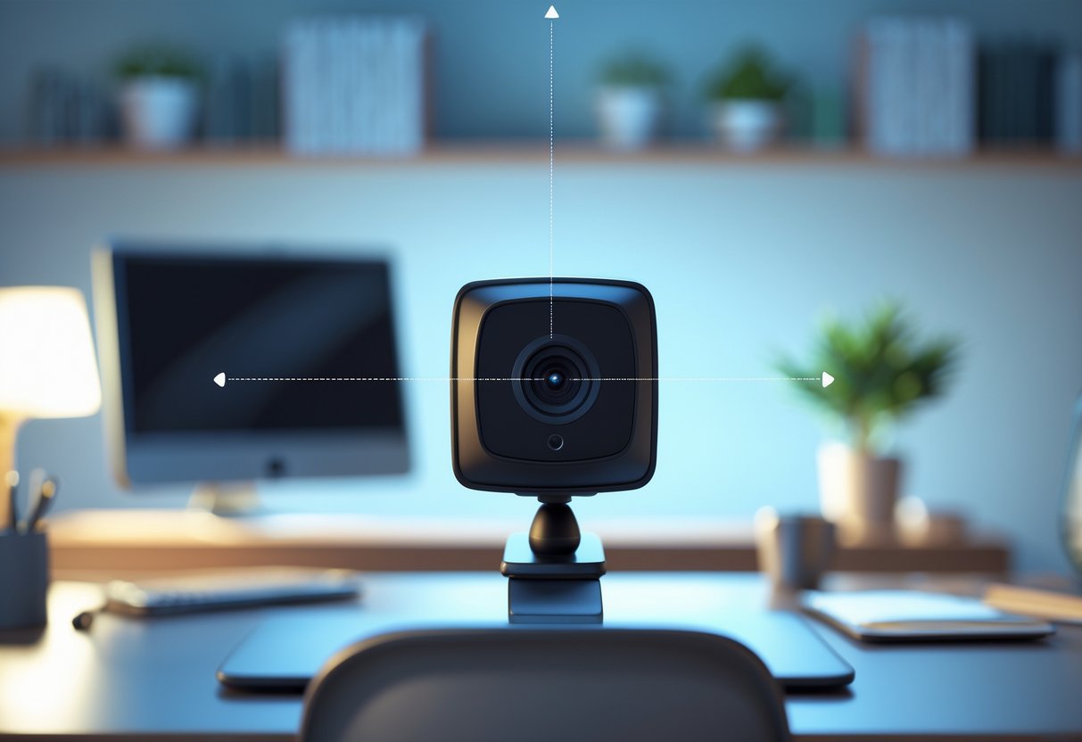 A 3D rendered view of a home office desk setup seen from a webcam perspective, showing a person sitting with balanced lighting and centred framing.