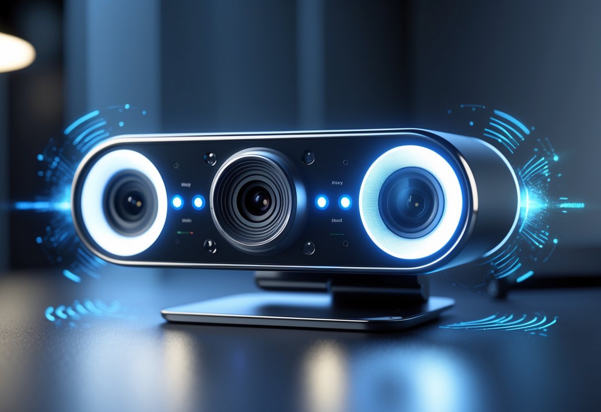 A modern webcam with a glowing lens in a dimly lit room, showing advanced low-light technology.