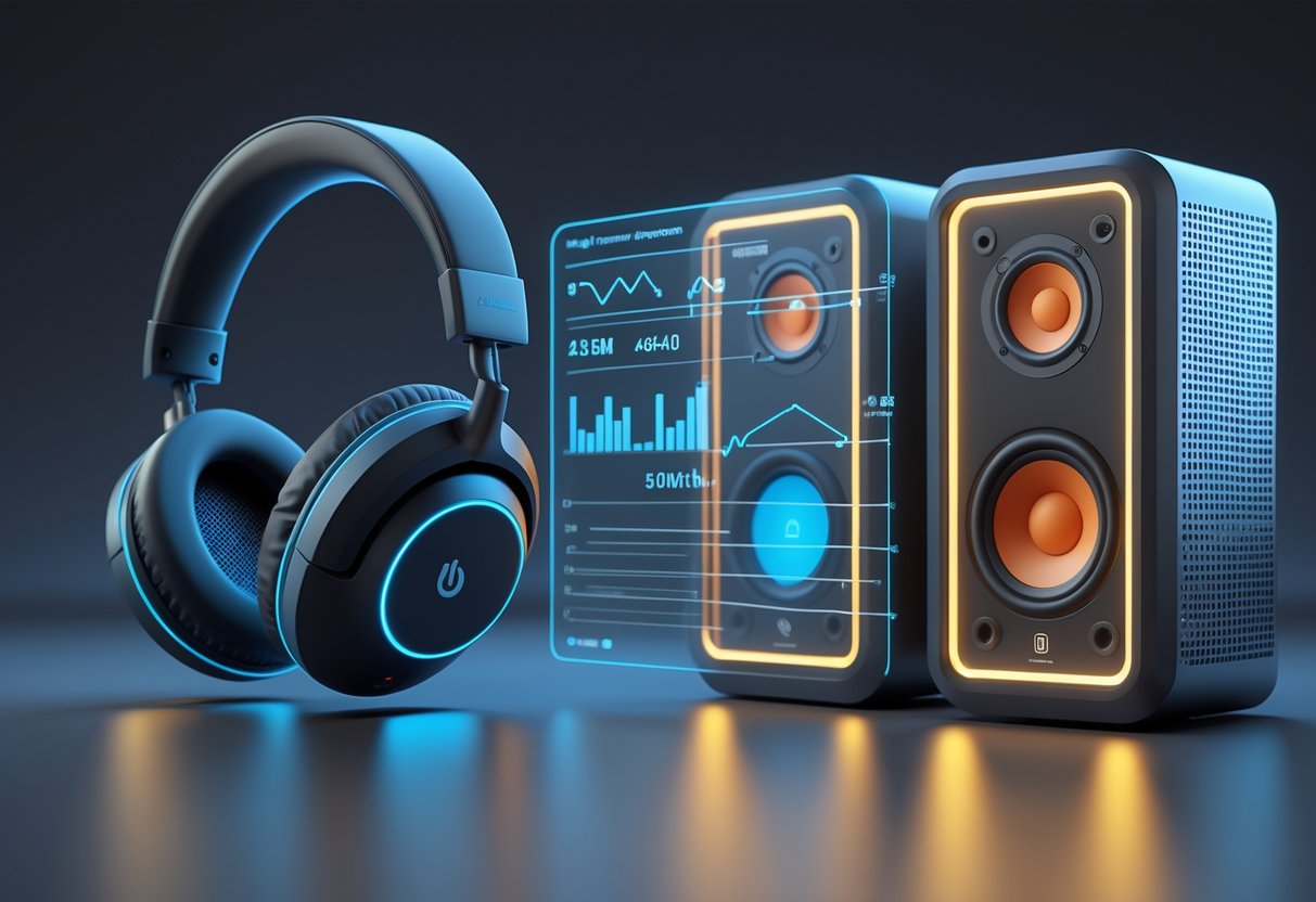 A 3D rendered image showing a headset and a pair of speakers side by side with visible internal amplifier components and glowing power elements.