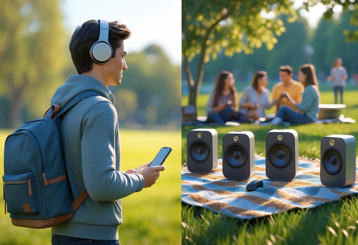 A 3D scene showing a person wearing a wireless headset outdoors on one side, and wireless speakers on a picnic blanket with friends in a park on the other side.