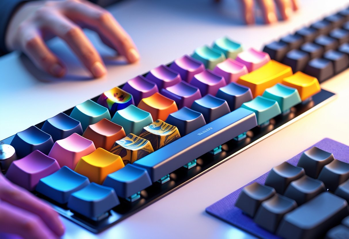 A 3D rendered scene of a mechanical keyboard with various colourful and uniquely shaped custom keycaps, showing hands typing and highlighting comfort, style, and durability.