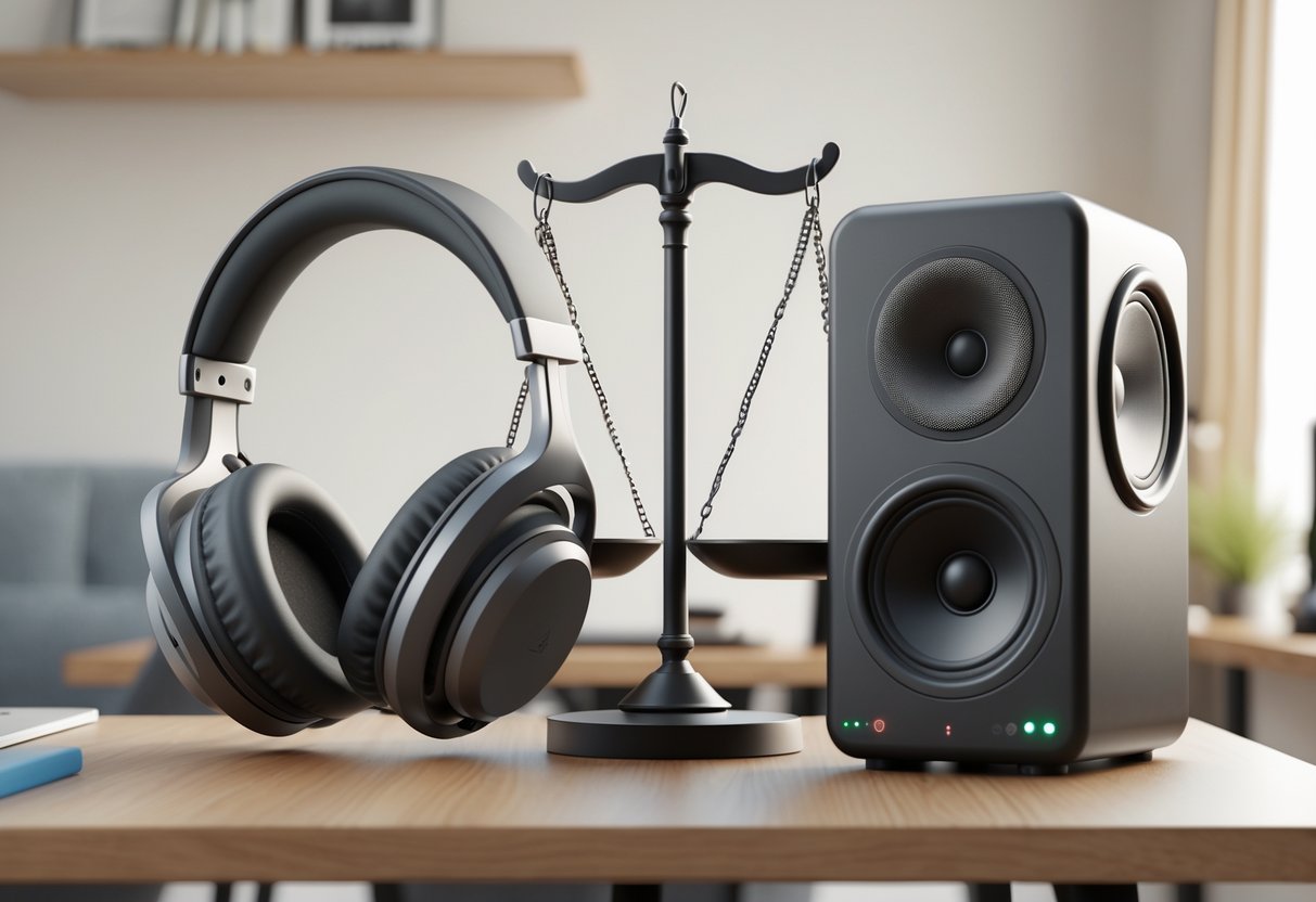 A 3D rendered scene showing a headset and a pair of speakers on a table with a balanced scale between them in a home office setting.