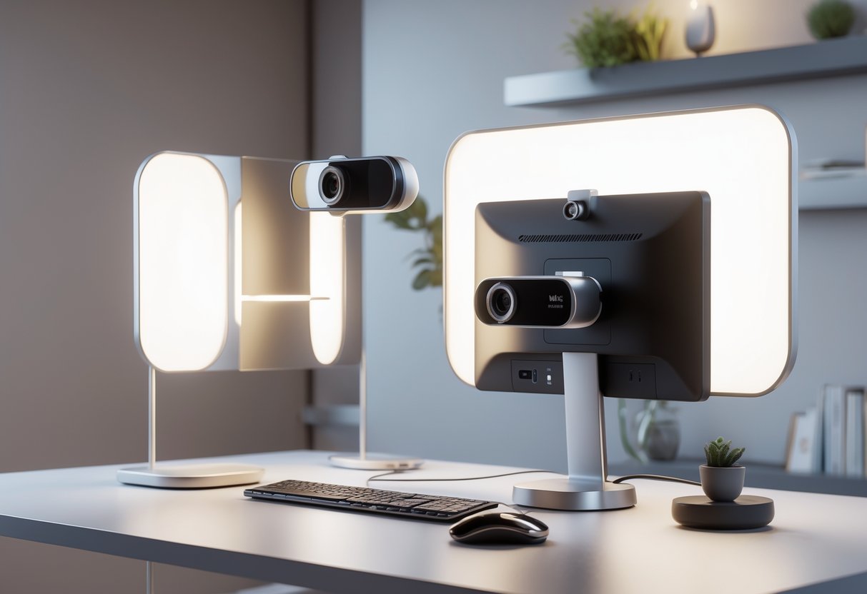 A modern indoor workspace with a desk, webcam on a monitor, soft lighting, neutral walls, plants, and shelves.