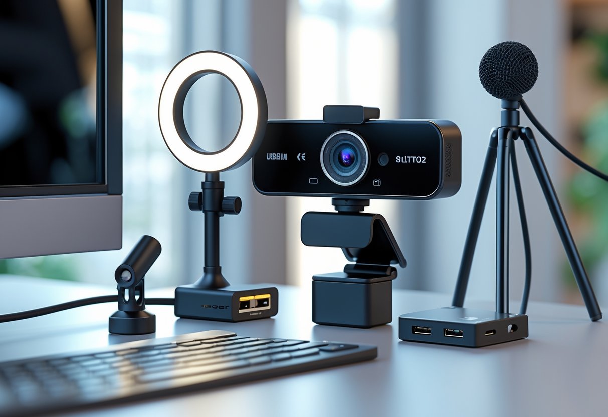 A desktop setup showing a webcam mounted on a monitor with accessories like a ring light, external microphone, tripod, and USB hub arranged on a desk.