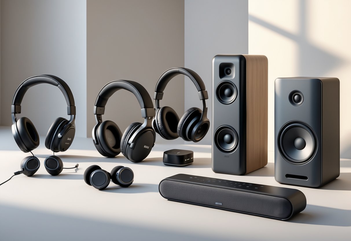 A 3D rendered scene showing different types of headsets on one side and various speakers on the other side, arranged on a clean surface in a simple studio setting.