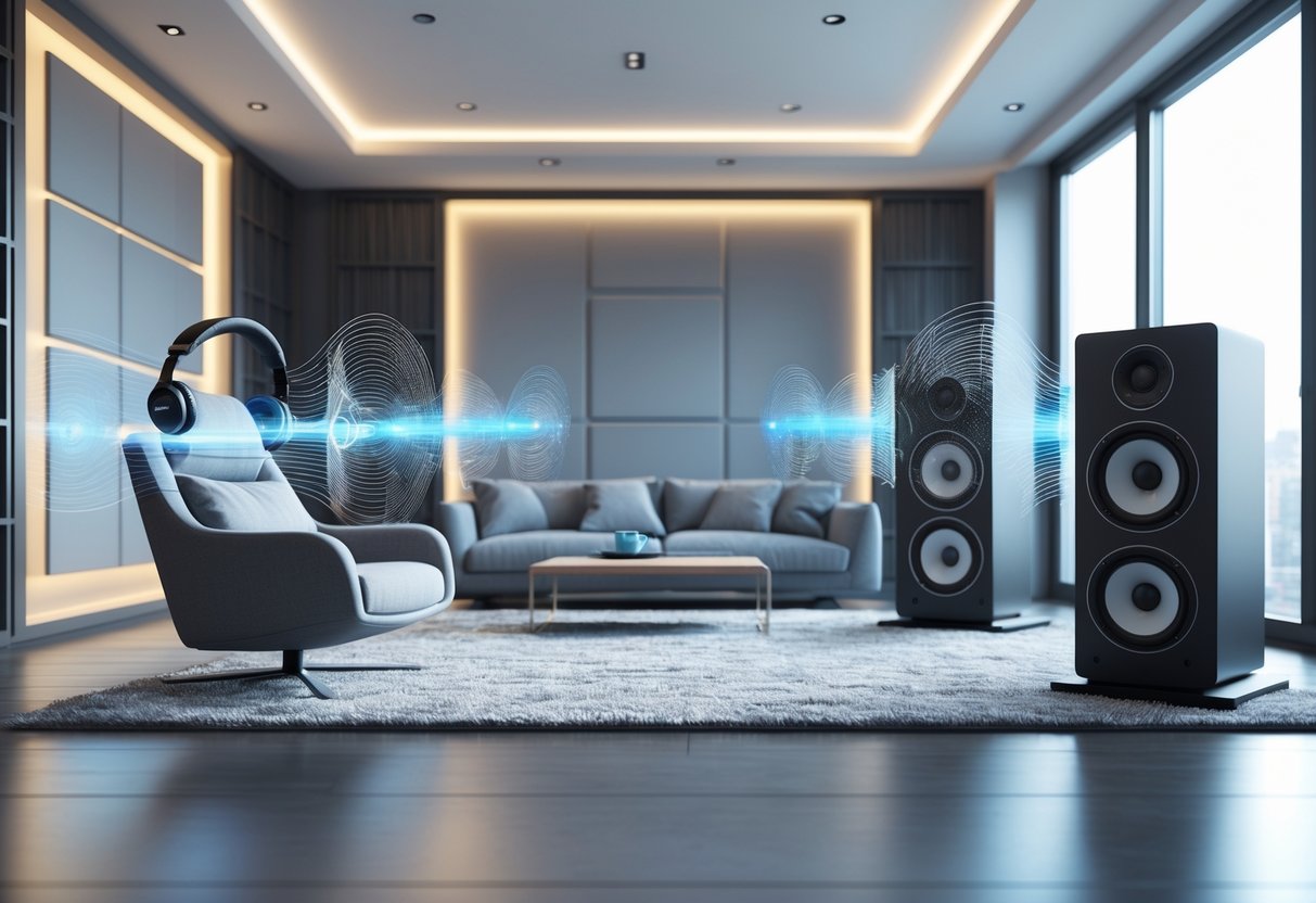 A 3D rendered living room showing a headset on a stand and floor-standing speakers, with visual sound waves illustrating how sound interacts with the room.