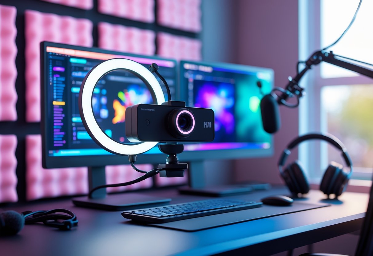 A streaming setup with a computer, dual monitors, a high-quality webcam with ring light, microphone, headphones, and soundproof panels in a well-lit room.