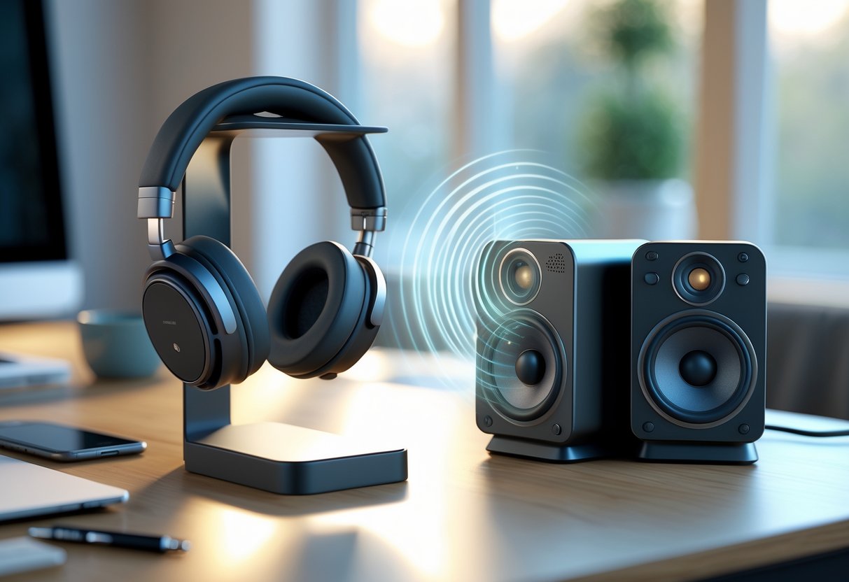 A 3D scene showing wireless headphones on a stand next to desktop speakers on a desk with a laptop, smartphone, notepad, and coffee cup in a home office setting.