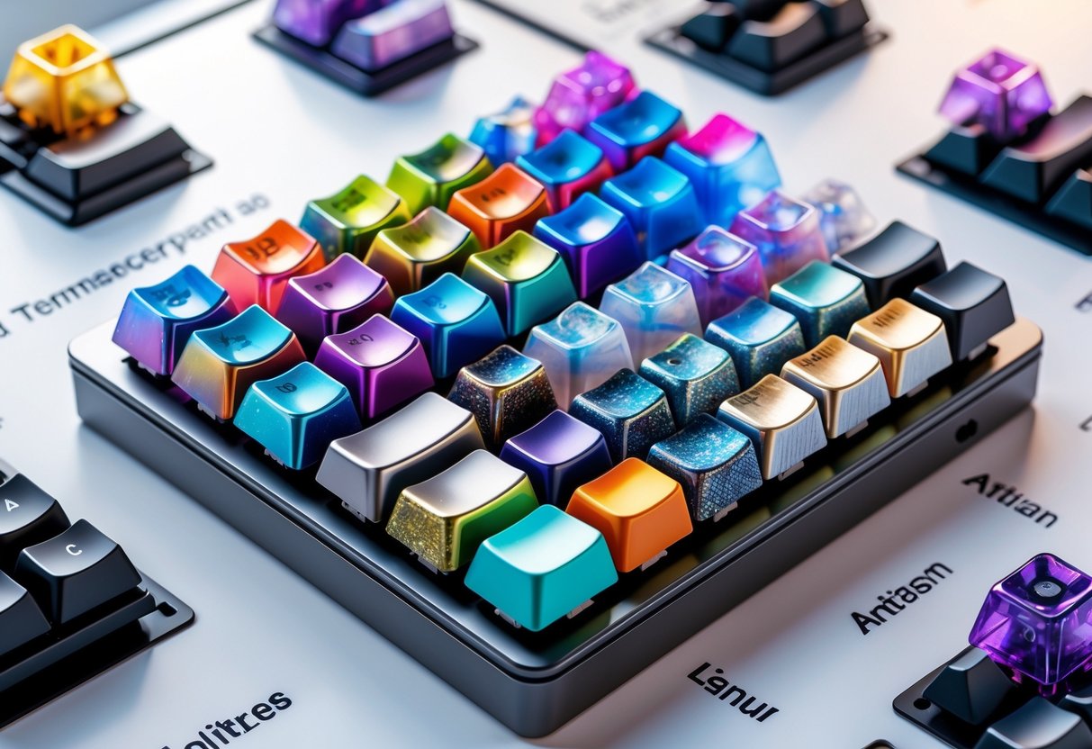 A 3D rendered scene of a mechanical keyboard with various custom keycaps in different colours and designs arranged on it.
