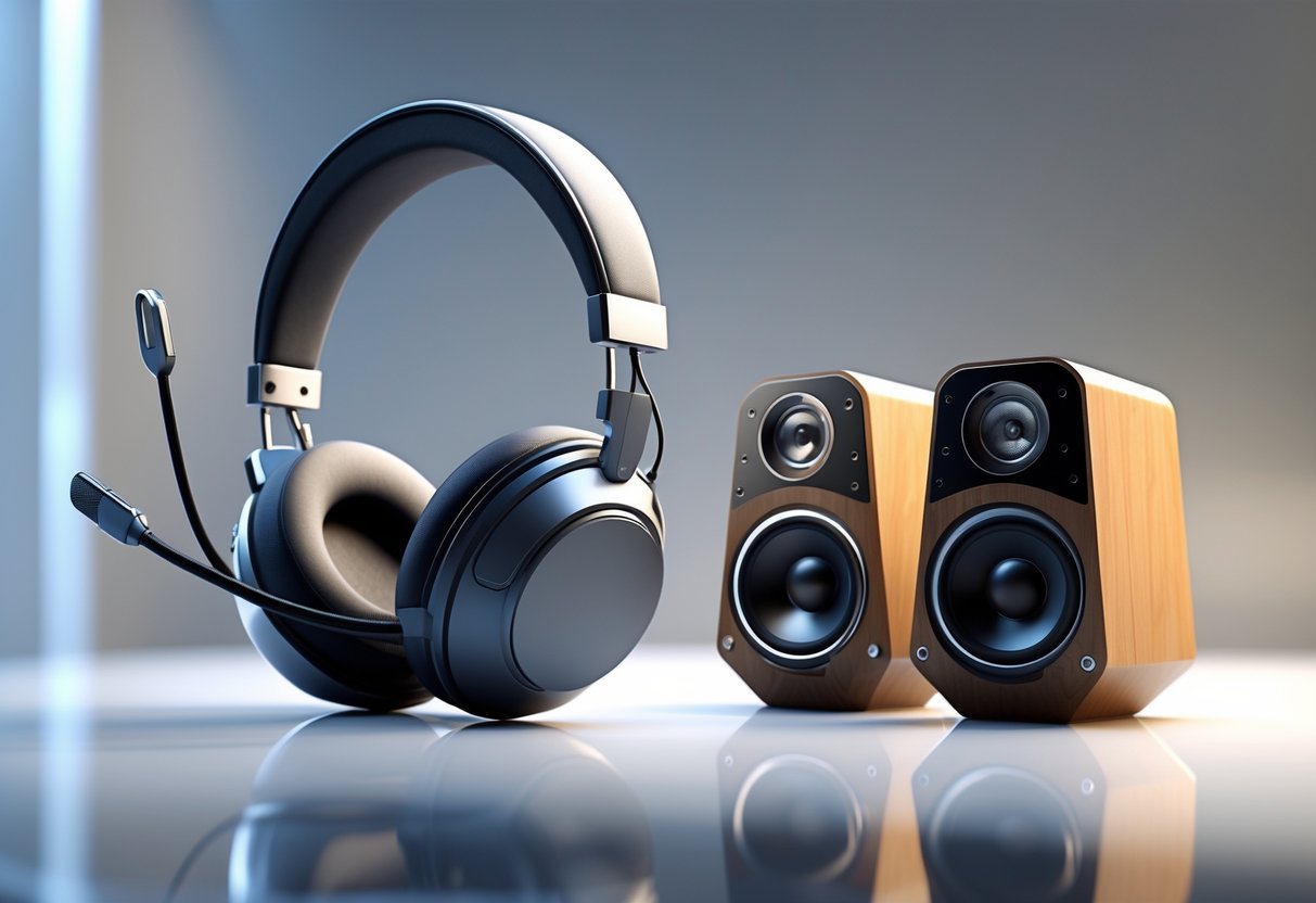 A 3D rendered scene showing a modern headset and a pair of speakers placed side by side on a reflective surface.