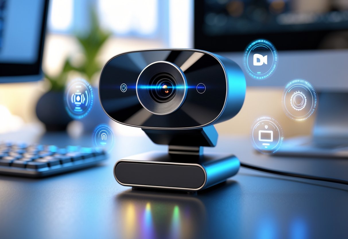A modern webcam on a desk with icons representing video quality in a home office setting.