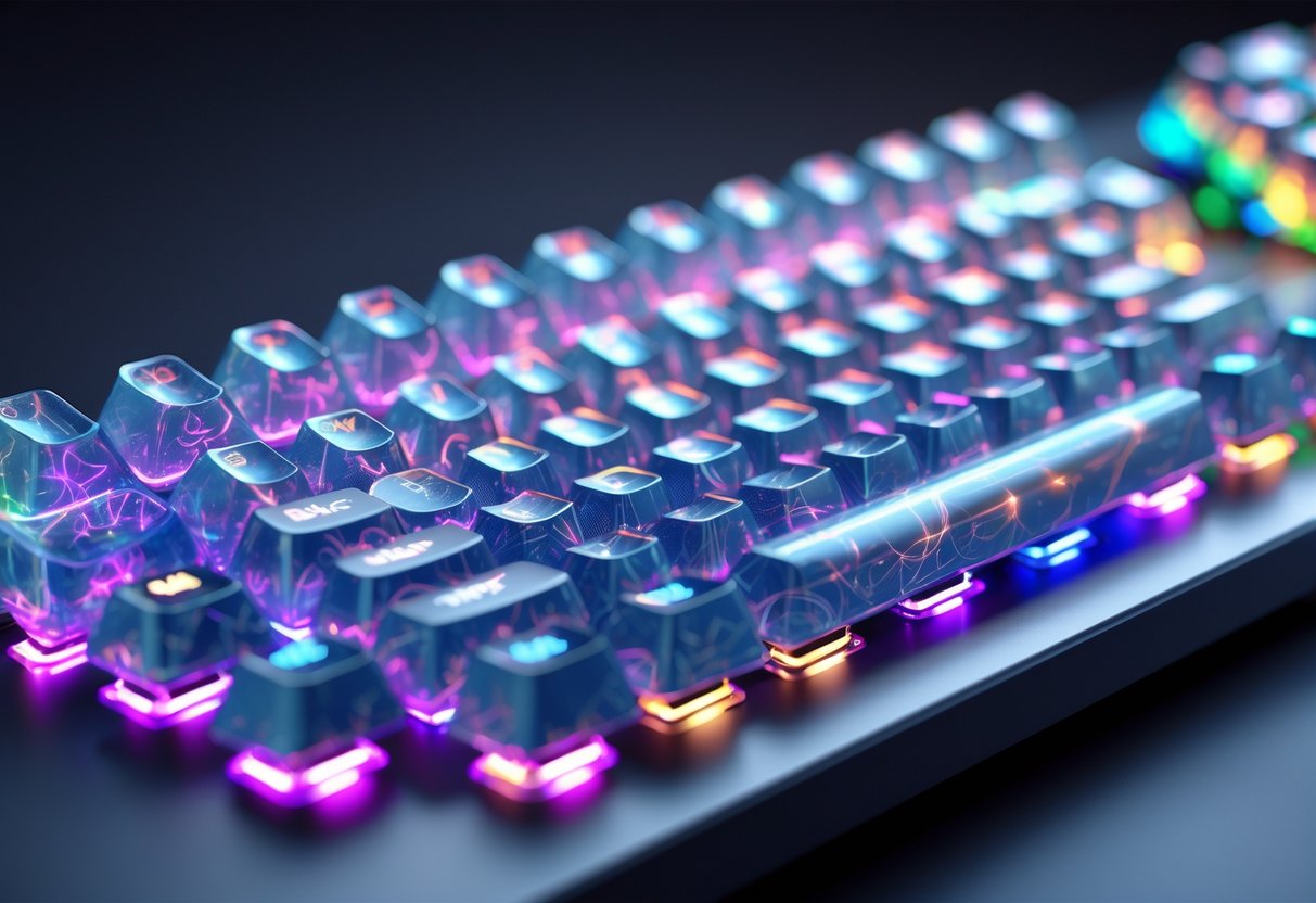 A set of custom mechanical keyboard keycaps illuminated by vibrant RGB lighting, showing colourful glowing effects and reflections on a sleek keyboard.