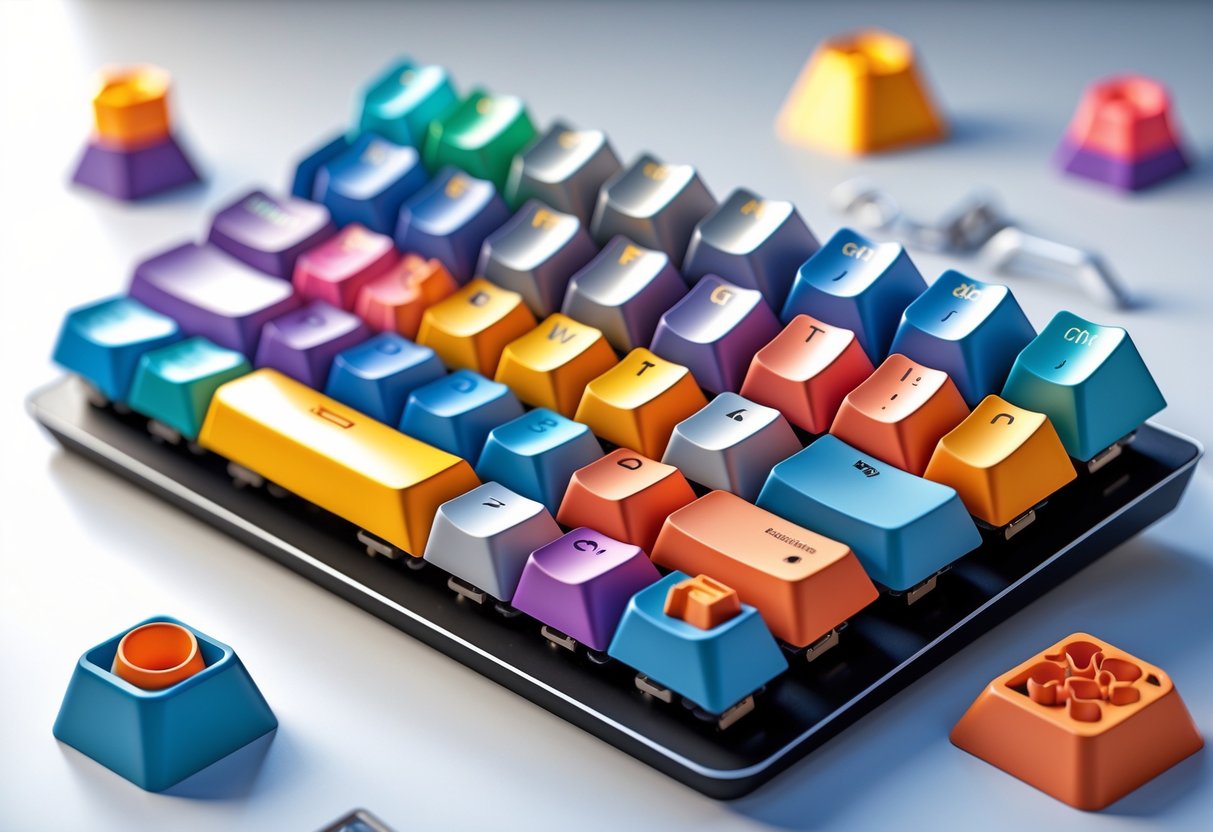 A 3D rendered mechanical keyboard with custom keycaps arranged in an ergonomic layout, highlighting different shapes and colours.