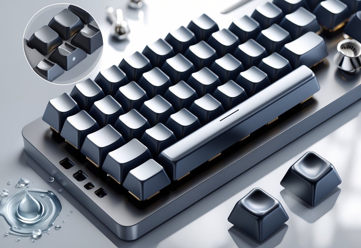 A 3D rendered image of custom mechanical keyboard keycaps on a keyboard, accompanied by small tools and a water droplet illustrating durability and maintenance.