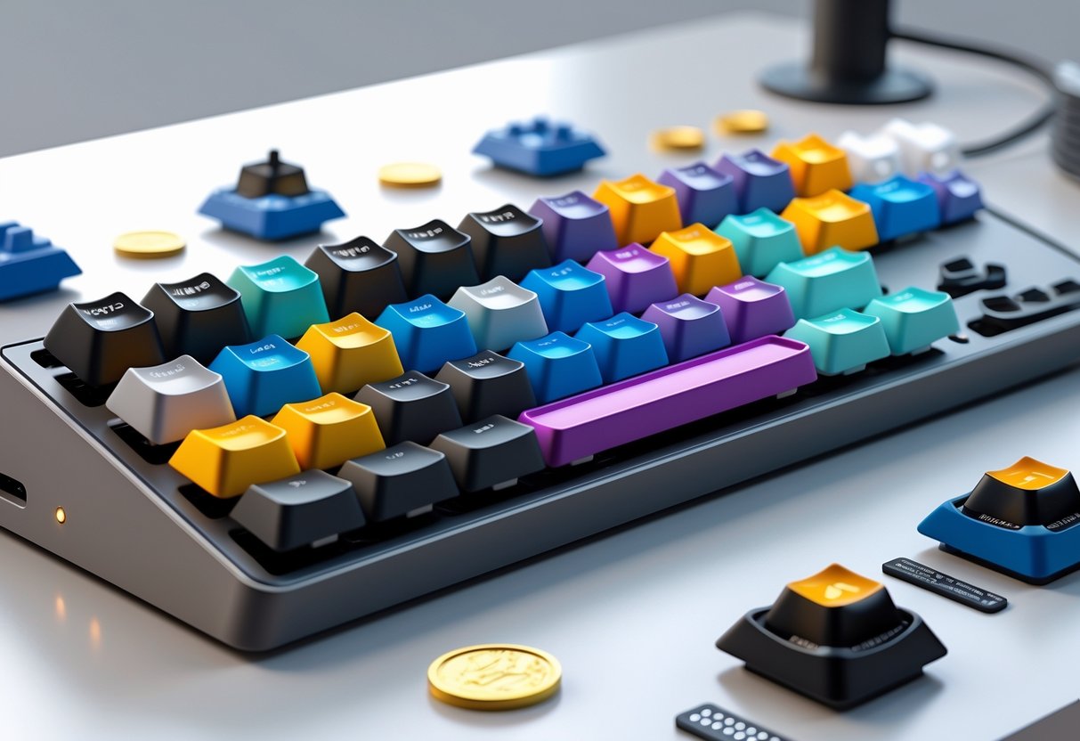 A 3D rendered keyboard with various custom keycaps showing different materials and shapes, alongside small icons representing cost and accessibility features.