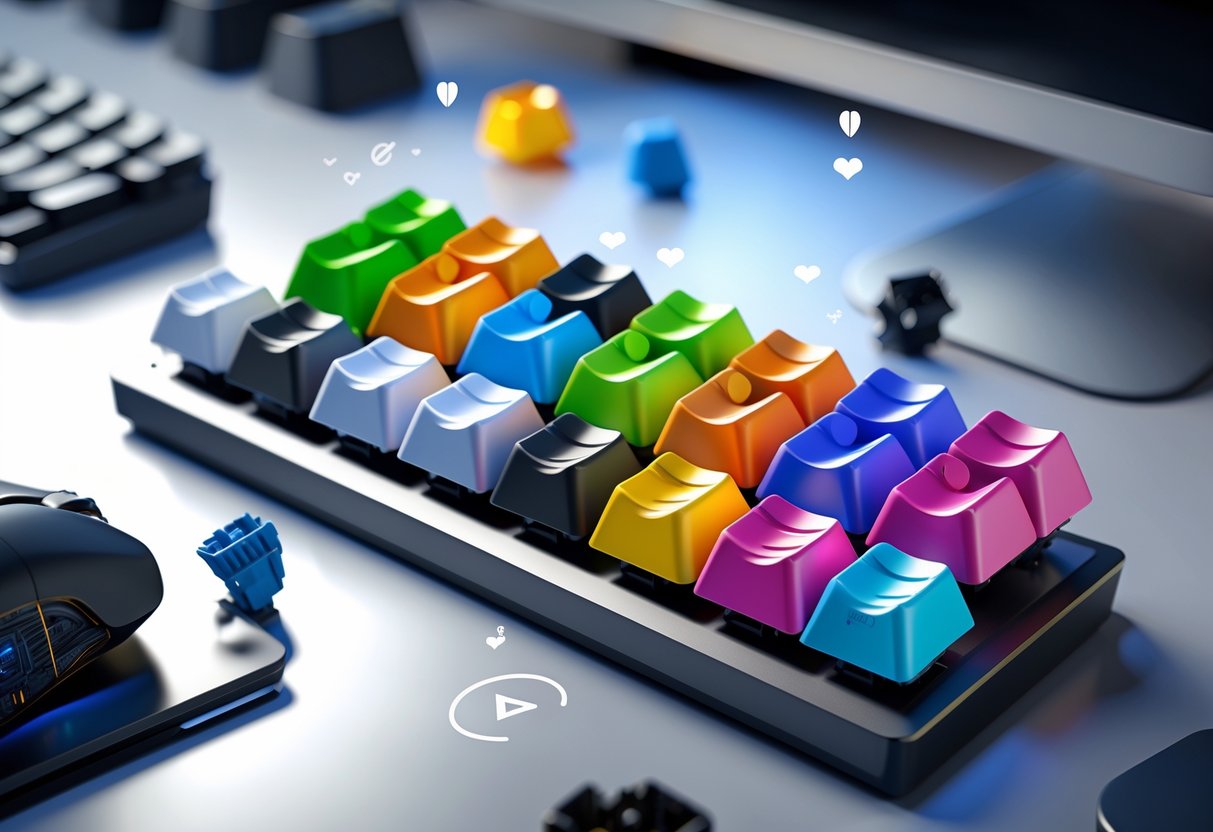 A 3D rendered scene showing a variety of colourful custom keyboard keycaps arranged on a desk, highlighting their unique shapes and designs.