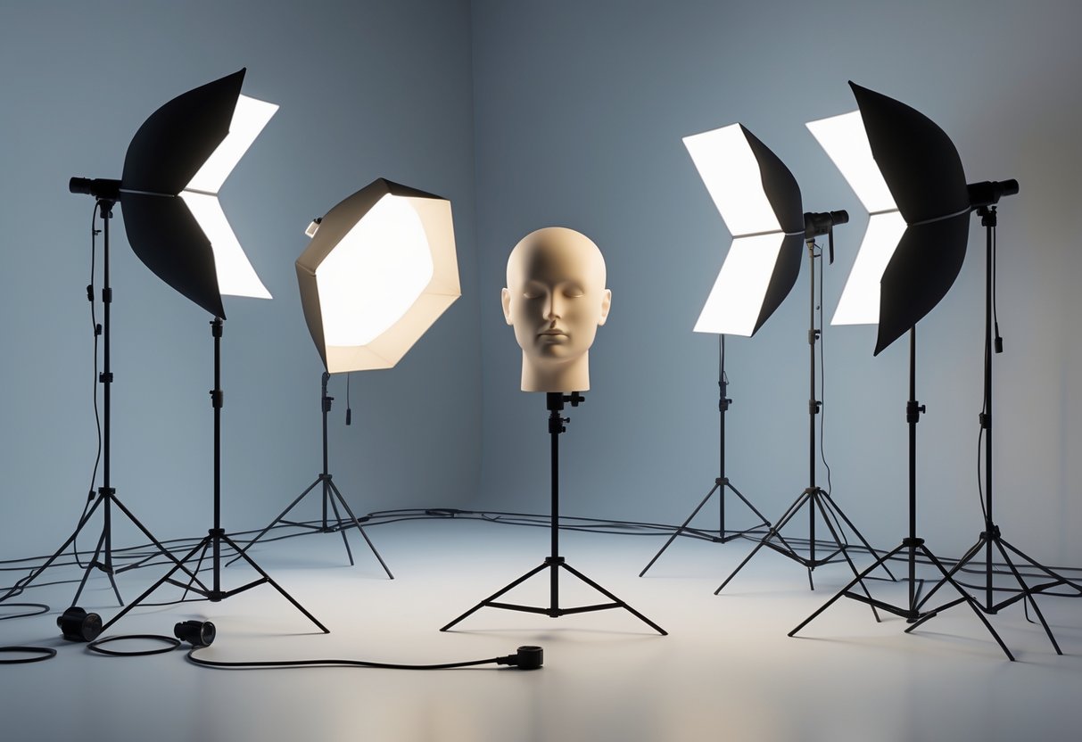 A 3D scene showing a mannequin head surrounded by various studio lights with different light modifiers in a photography studio.