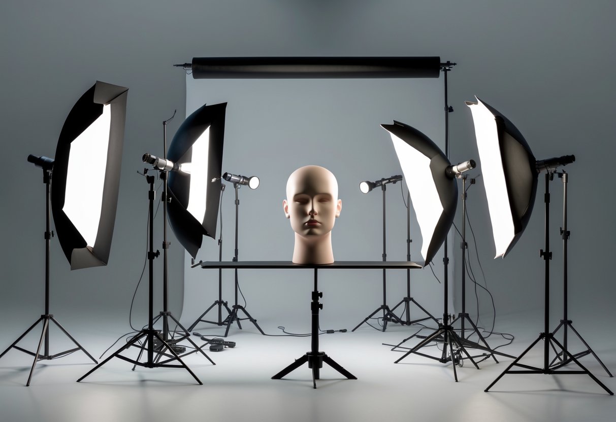 A 3D rendered photography studio scene showing a mannequin head surrounded by various lighting equipment arranged to demonstrate different portrait lighting setups.