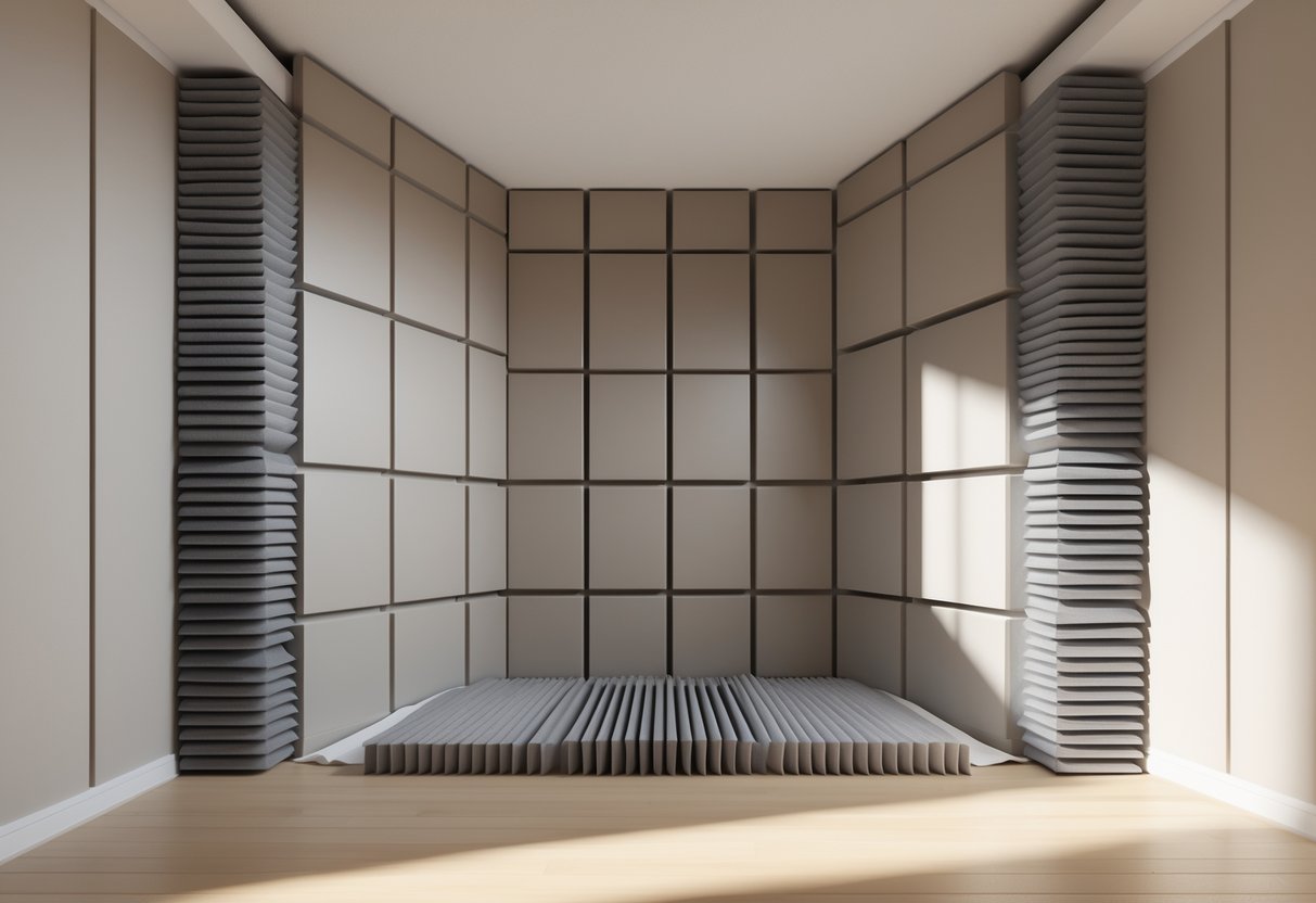 Interior view of a room showing thick acoustic panels placed in each corner and additional panels on the walls for bass frequency sound treatment.