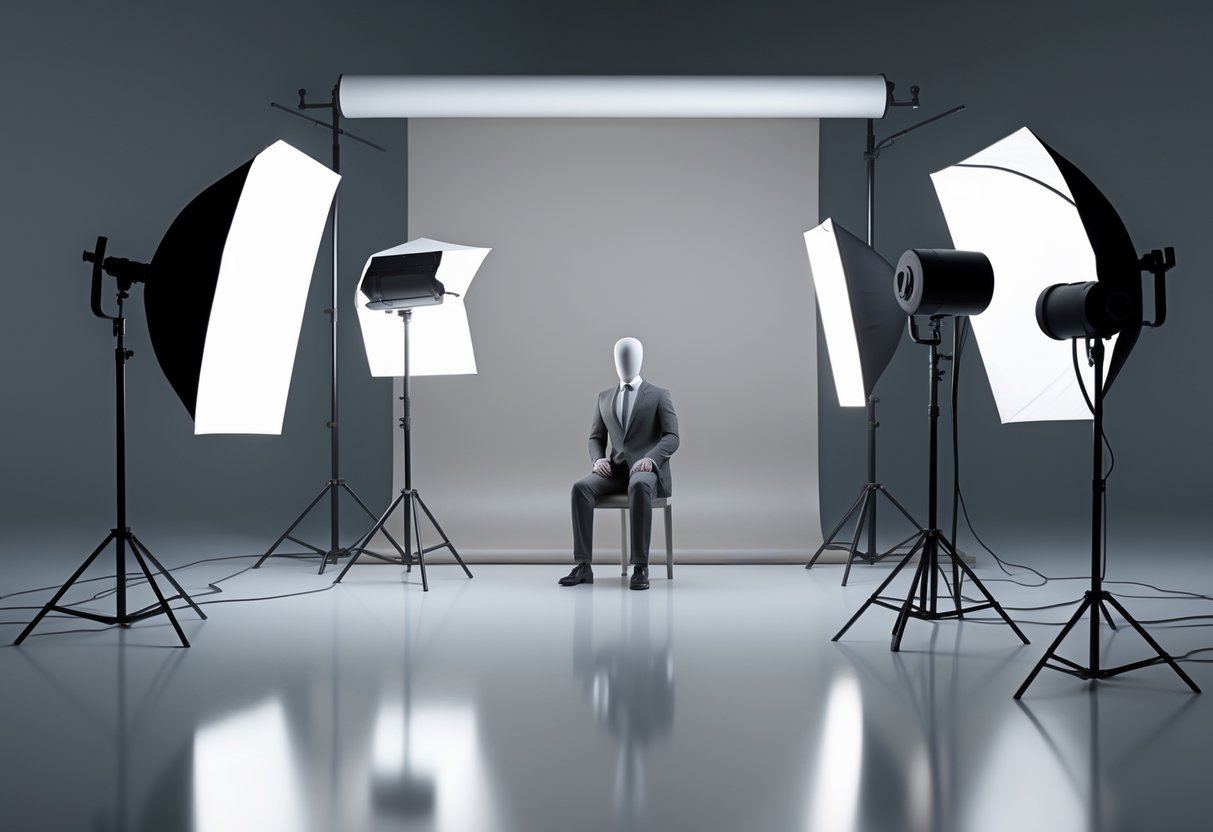 A photography studio with a mannequin surrounded by multiple studio lights arranged to show different lighting positions and effects.