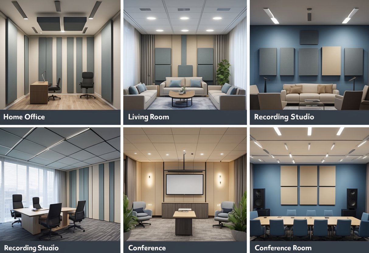 3D rendered image showing acoustic panels placed on walls and ceilings in different rooms including an office, living room, recording studio, and conference room.
