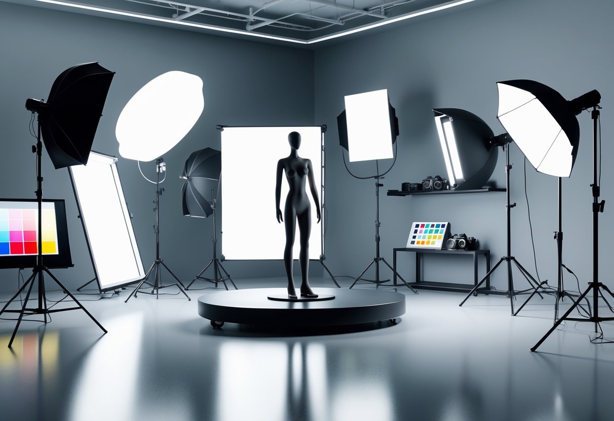 A 3D rendered photography studio with various lighting equipment arranged around a mannequin on a turntable, showing different light effects and shadows.