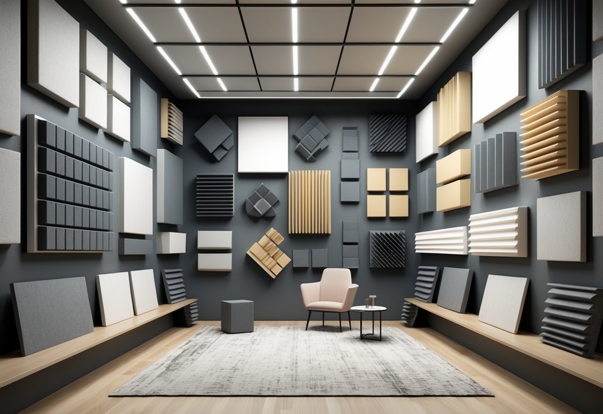 3D rendered room showing acoustic panels placed on walls, ceiling, and corners to create a balanced sound environment with a chair and table in the centre.