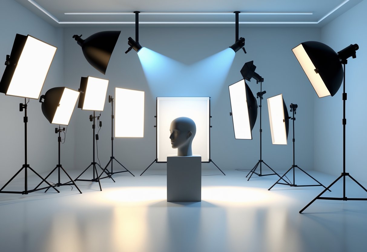 A studio setup with multiple lights arranged around a mannequin head, showing different lighting effects and shadow control.
